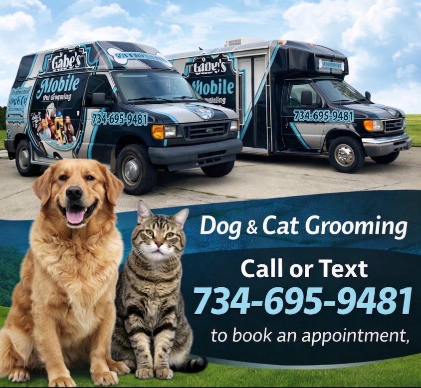 Gabe's Mobile Pet Grooming vans with a happy dog and cat — professional cage-free dog and cat grooming across Metro Detroit, call or text (734) 695-9481
